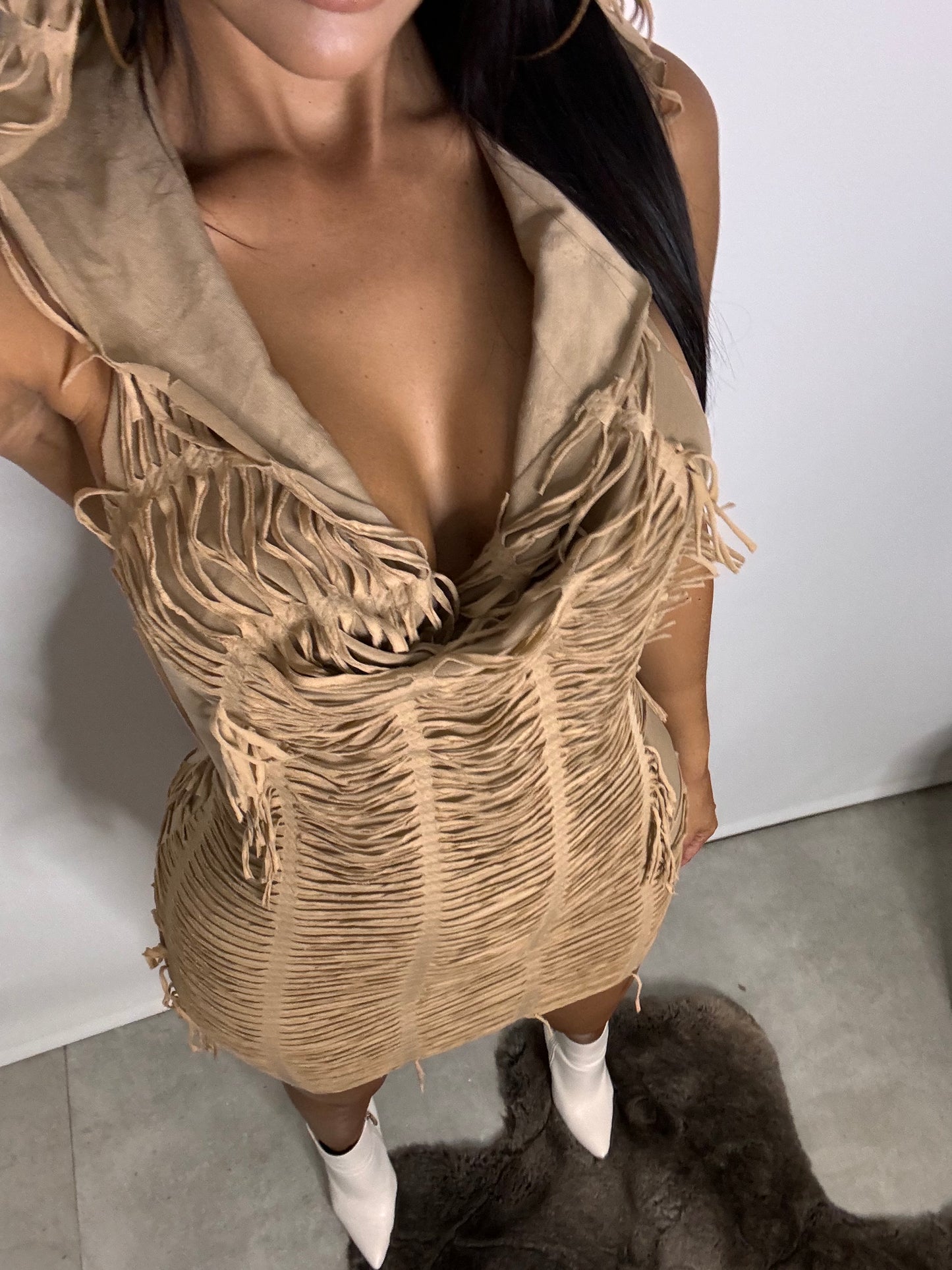 NUDE FRINGE CAP DRESS